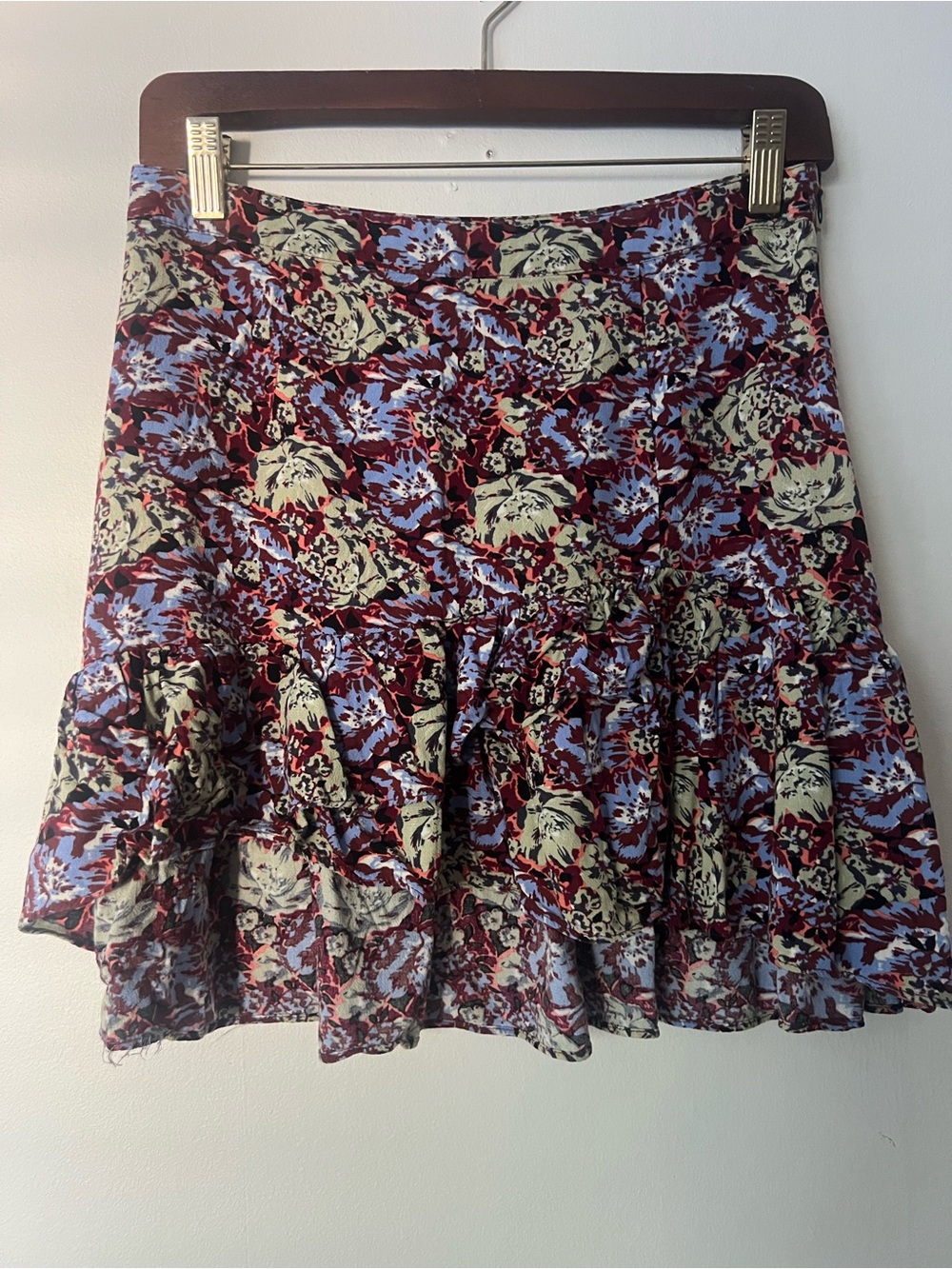 Free People Burgundy Floral Ruffle asymmetrical hem Mini Skirt, Womens 6